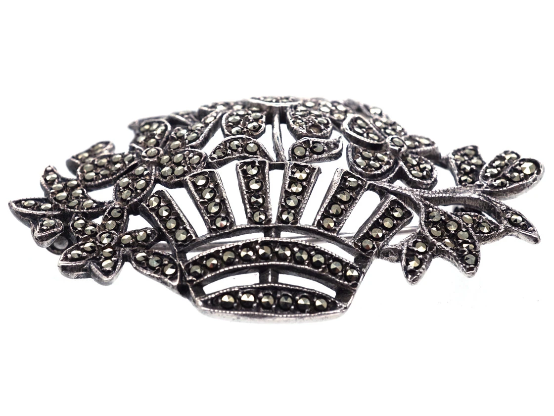 Art Deco Silver & Marcasite Flowers In Basket Brooch 4 Art Deco Silver & Marcasite Flowers In Basket Brooch - Image 2
