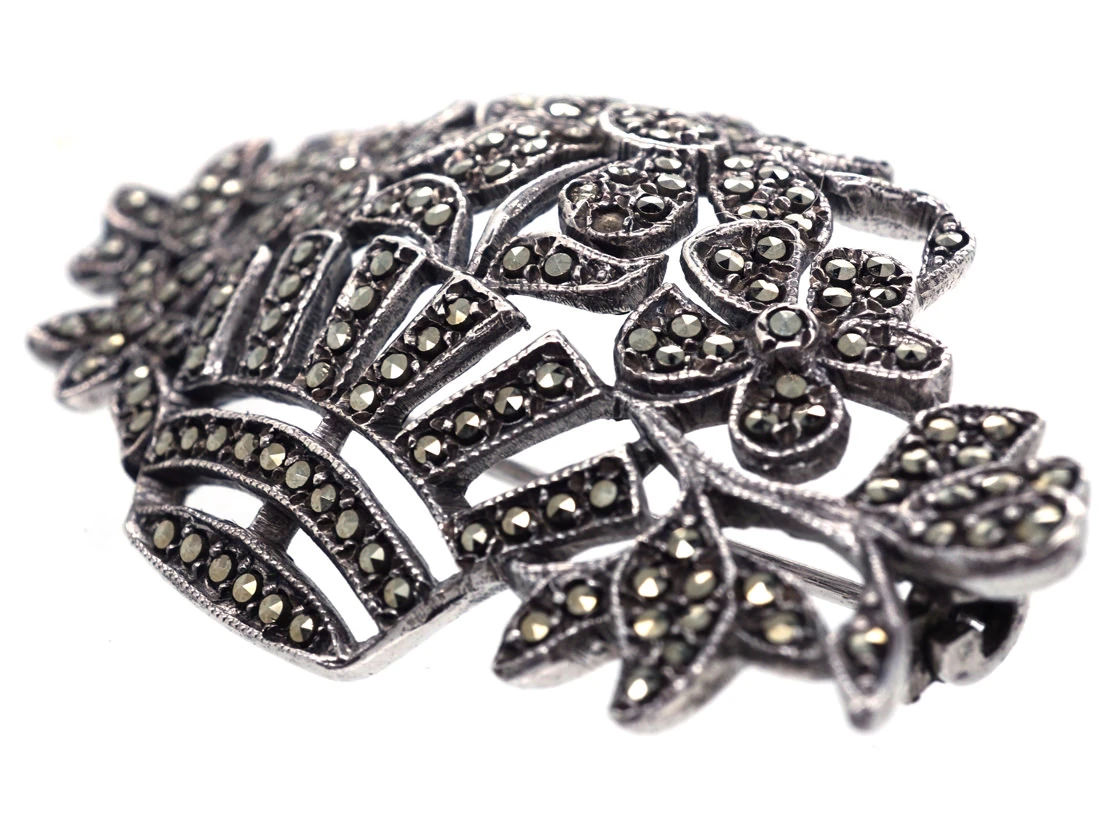 Art Deco Silver & Marcasite Flowers In Basket Brooch 5 Art Deco Silver & Marcasite Flowers In Basket Brooch - Image 3