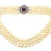 Three Row Large Cultured Pearl Necklace With Victorian Cabochon Amethyst & Diamond Clasp