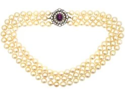 Three Row Large Cultured Pearl Necklace With Victorian Cabochon Amethyst & Diamond Clasp