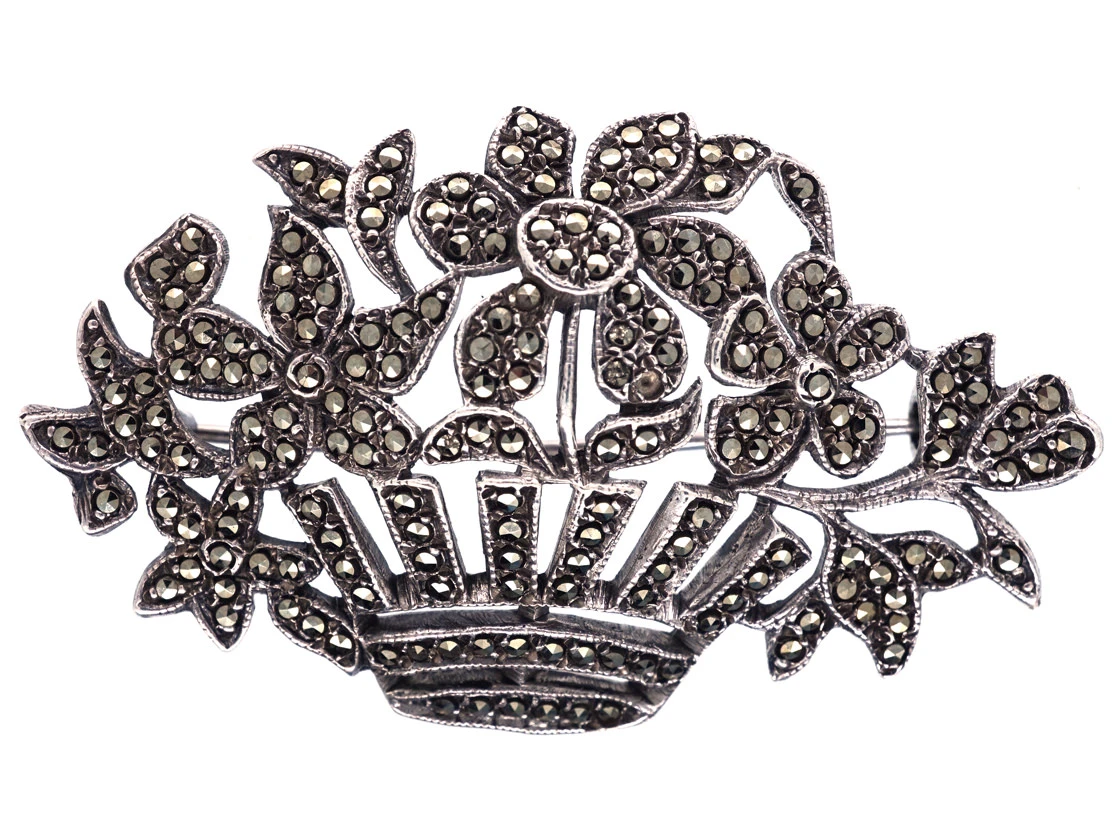 Art Deco Silver & Marcasite Flowers In Basket Brooch 3 Art Deco Silver & Marcasite Flowers In Basket Brooch