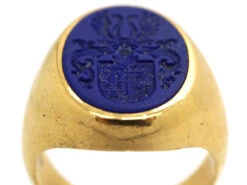 18ct Gold & Lapis Lazuli Signet Ring With Crest Intaglio -Antique Jewellery Company DSC01971