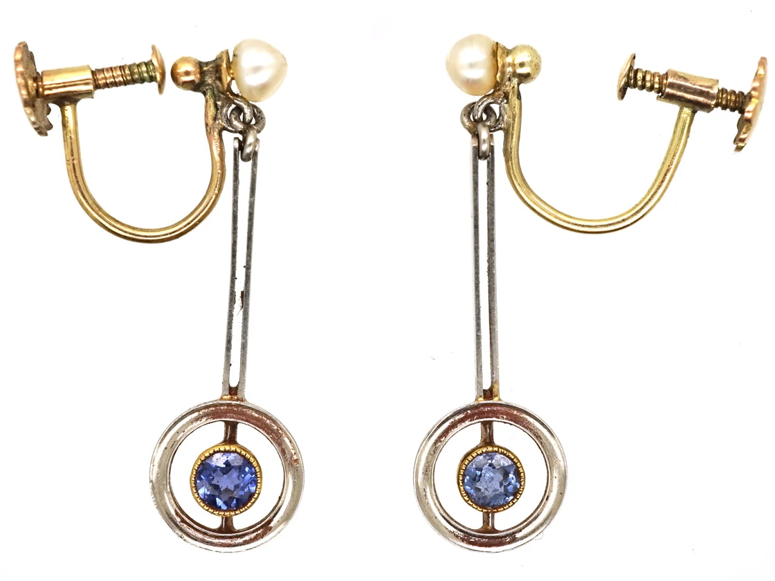 Art Deco Sapphire & Pearl Drop Earrings 3 Art Deco Sapphire & Pearl Drop Earrings