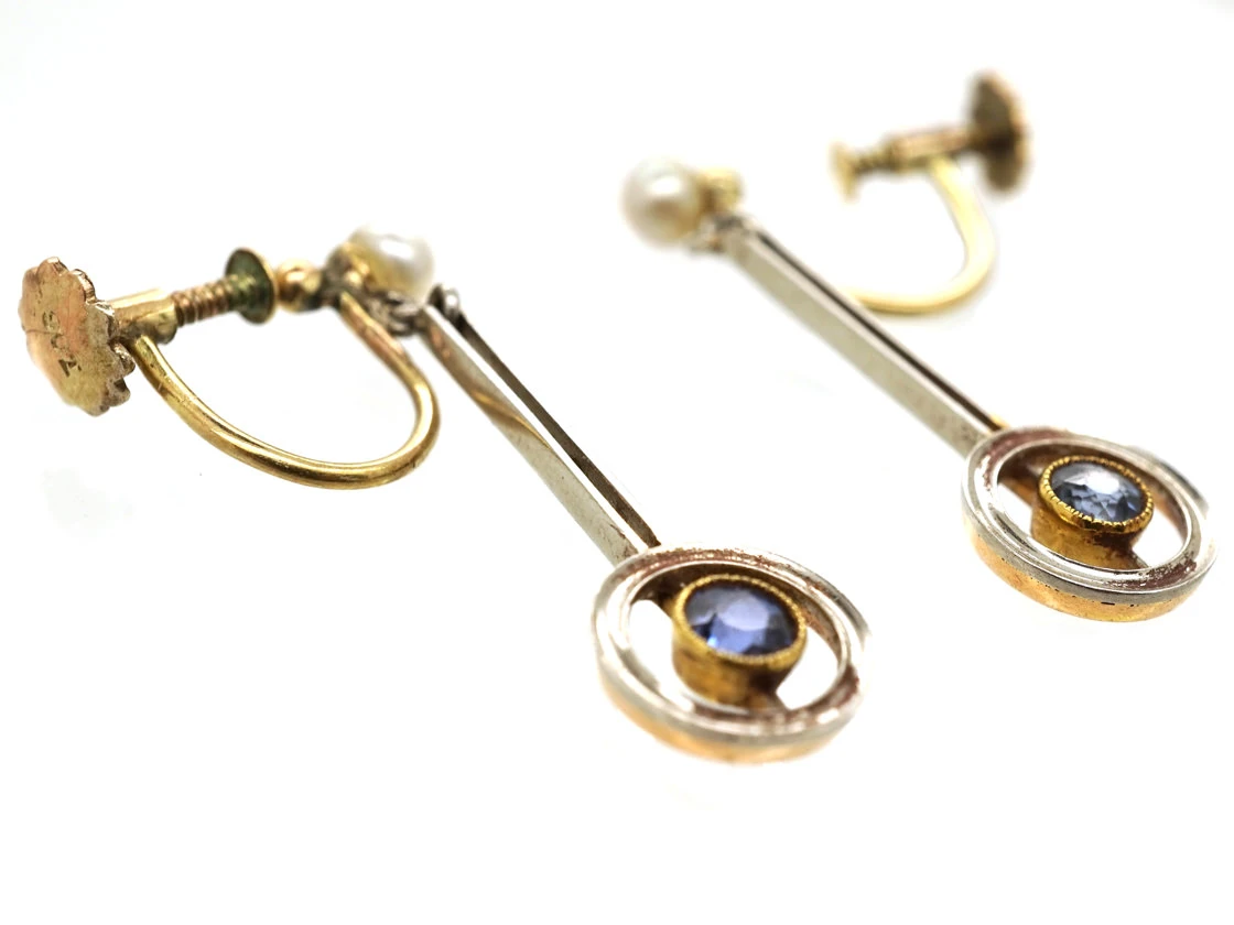 Art Deco Sapphire & Pearl Drop Earrings 5 Art Deco Sapphire & Pearl Drop Earrings - Image 3