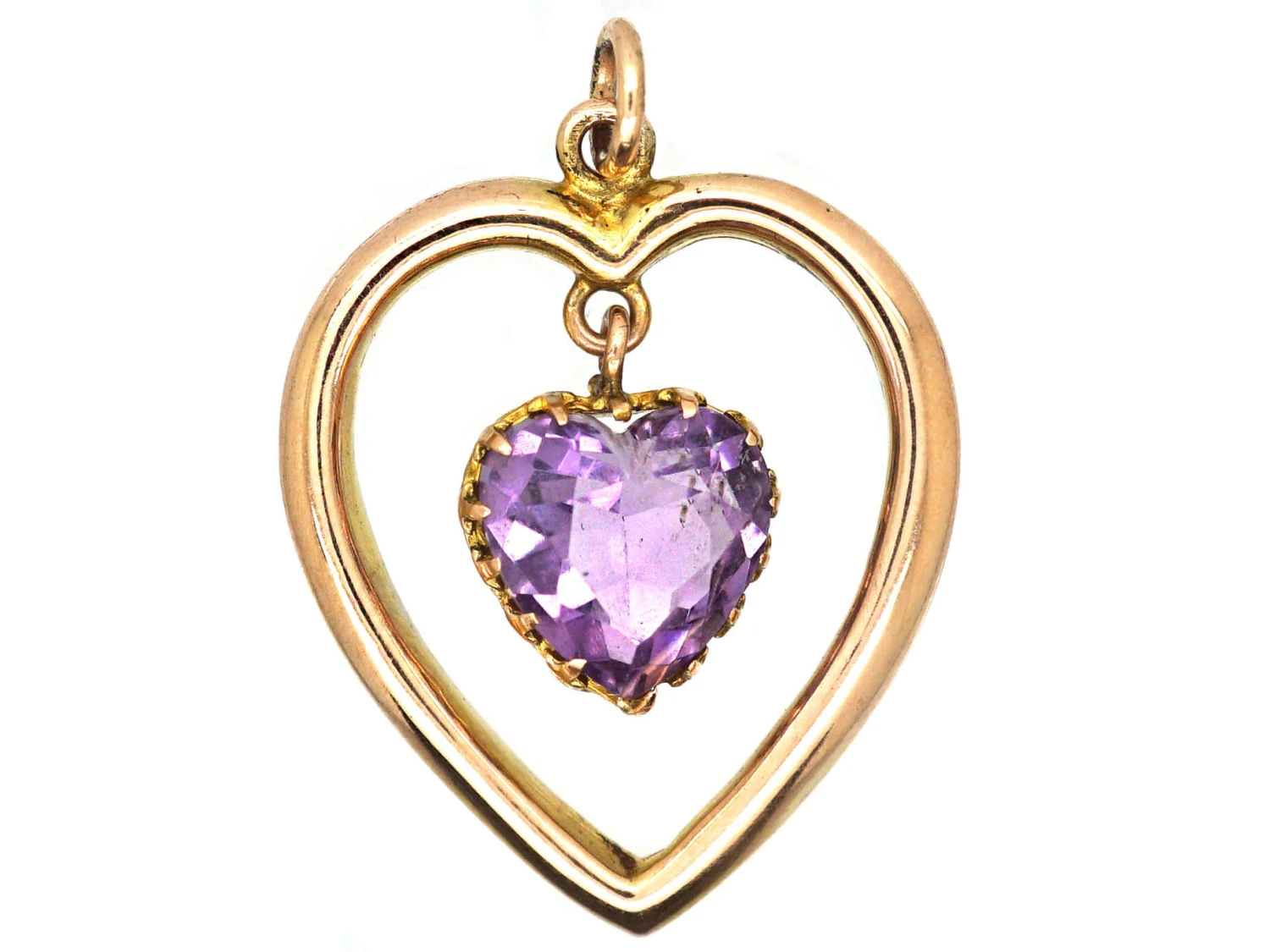 Edwardian 9ct Gold Heart Shaped Pendant With Heart Shaped Amethyst Drop 3 Edwardian 9ct Gold Heart Shaped Pendant With Heart Shaped Amethyst Drop