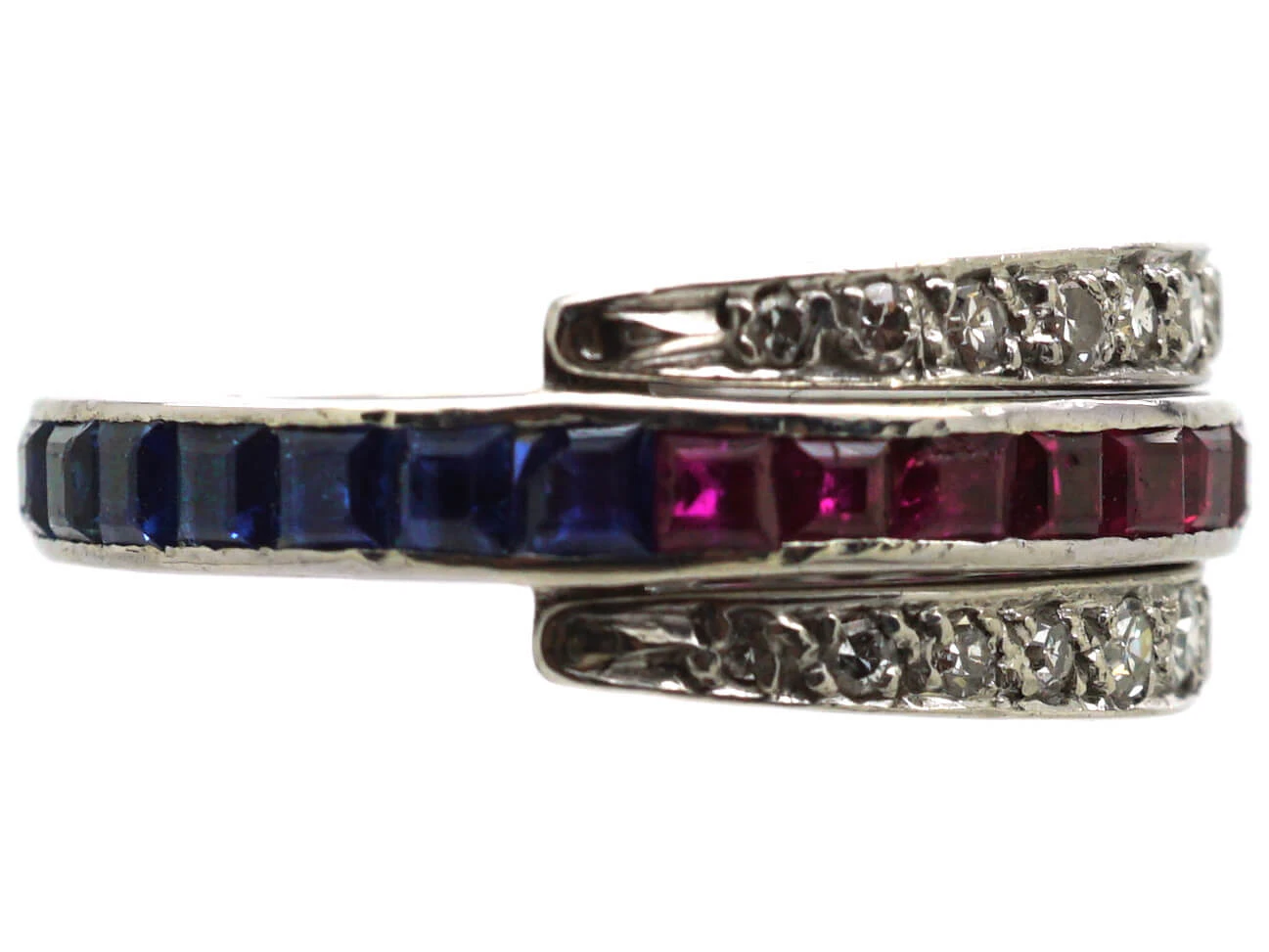 Art Deco 18ct White Gold Flip Over Ring Set With Diamonds, Sapphires & Rubies 7 Art Deco 18ct White Gold Flip Over Ring Set With Diamonds, Sapphires & Rubies - Image 5