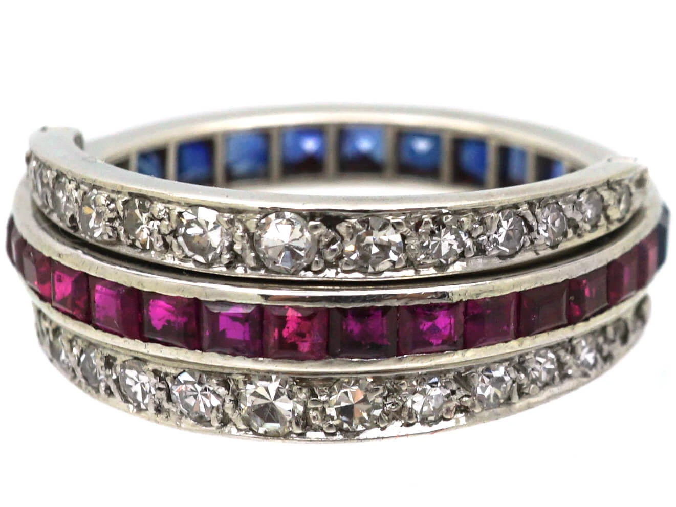 Art Deco 18ct White Gold Flip Over Ring Set With Diamonds, Sapphires & Rubies 9 Art Deco 18ct White Gold Flip Over Ring Set With Diamonds, Sapphires & Rubies - Image 7
