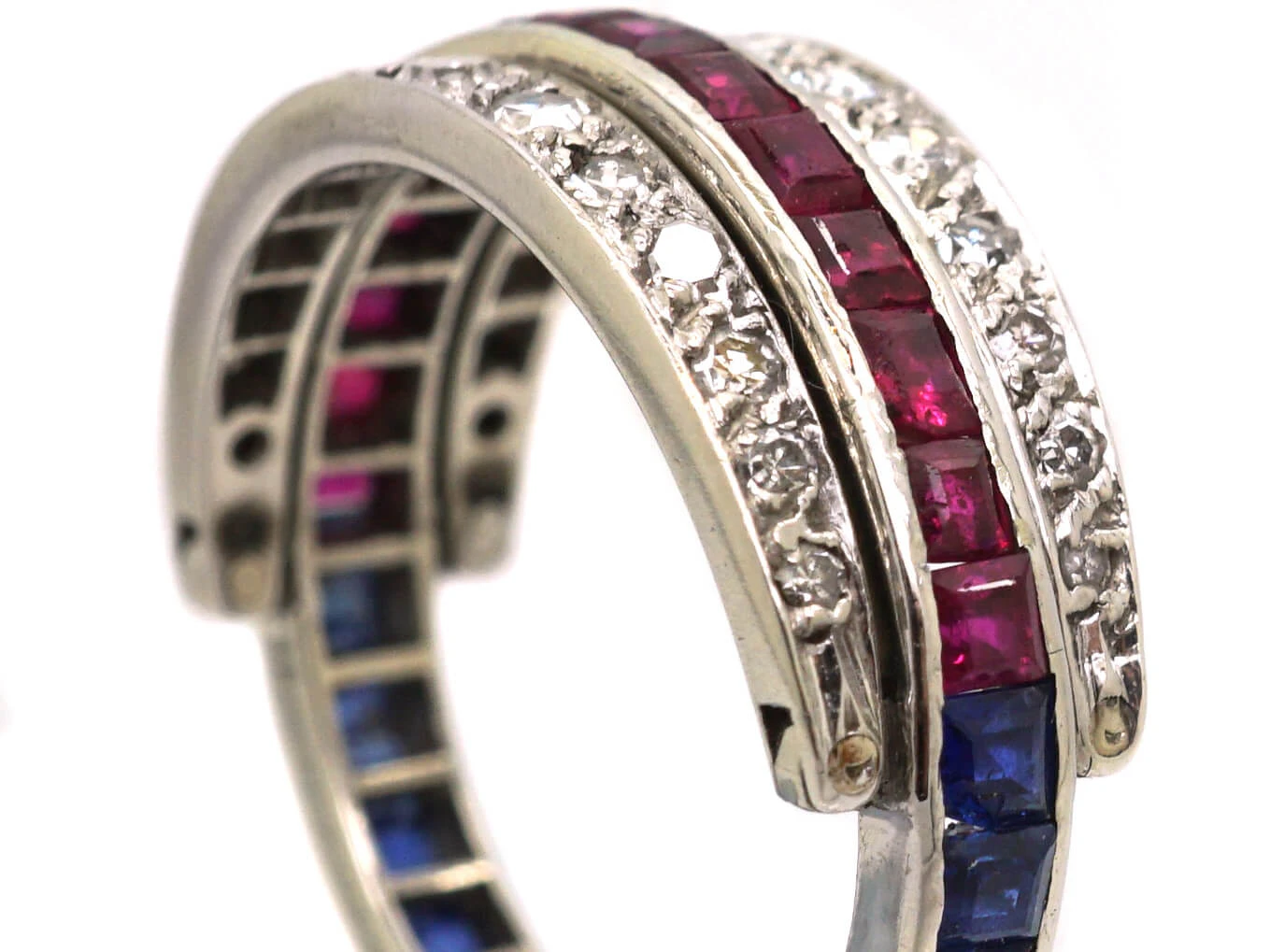Art Deco 18ct White Gold Flip Over Ring Set With Diamonds, Sapphires & Rubies 8 Art Deco 18ct White Gold Flip Over Ring Set With Diamonds, Sapphires & Rubies - Image 6