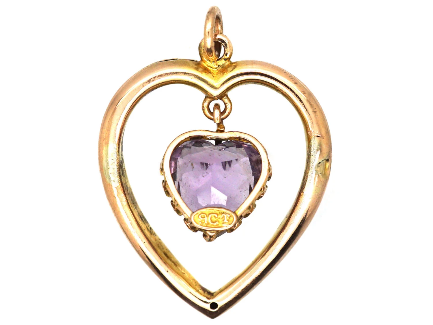 Edwardian 9ct Gold Heart Shaped Pendant With Heart Shaped Amethyst Drop 4 Edwardian 9ct Gold Heart Shaped Pendant With Heart Shaped Amethyst Drop - Image 2