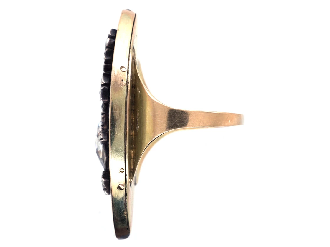 Georgian 15ct Gold, Large Navette Shaped Ring With Blue Enamel & Rose Diamond Rose Motif 4 Georgian 15ct Gold, Large Navette Shaped Ring With Blue Enamel & Rose Diamond Rose Motif - Image 2