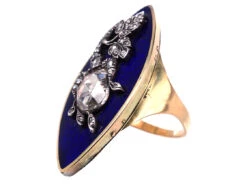 Georgian 15ct Gold, Large Navette Shaped Ring With Blue Enamel & Rose Diamond Rose Motif 11 Georgian 15ct Gold, Large Navette Shaped Ring With Blue Enamel & Rose Diamond Rose Motif -Antique Jewellery Company DSC02029 1