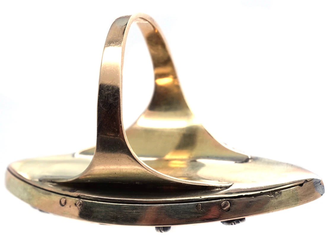 Georgian 15ct Gold, Large Navette Shaped Ring With Blue Enamel & Rose Diamond Rose Motif 6 Georgian 15ct Gold, Large Navette Shaped Ring With Blue Enamel & Rose Diamond Rose Motif - Image 4