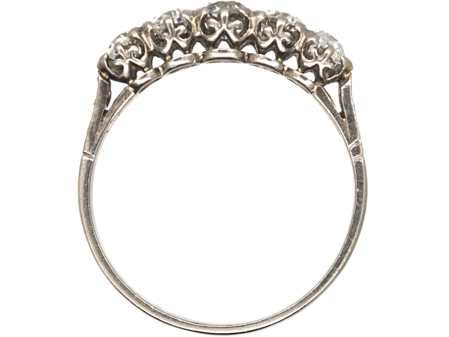 Early 20th Century Platinum Five Stone Diamond Ring With Diamond Set Shoulders 5 Early 20th Century Platinum Five Stone Diamond Ring With Diamond Set Shoulders - Image 3