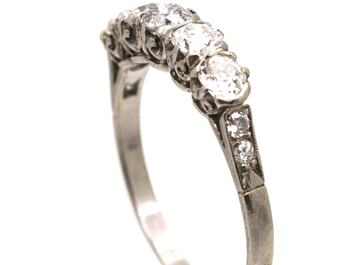 Early 20th Century Platinum Five Stone Diamond Ring With Diamond Set Shoulders 4 Early 20th Century Platinum Five Stone Diamond Ring With Diamond Set Shoulders - Image 2