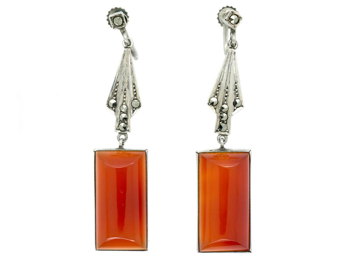 Art Deco Silver, Carnelian & Marcasite Drop Earrings 3 Art Deco Silver, Carnelian & Marcasite Drop Earrings