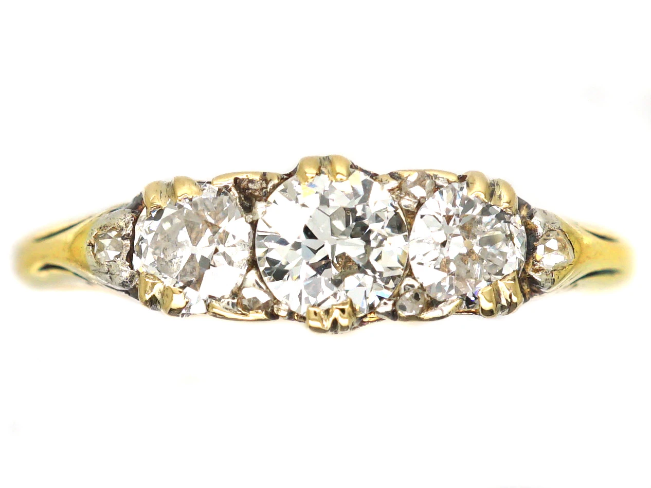 Edwardian 18ct Gold Carved Half Hoop Three Stone Diamond Ring 3 Edwardian 18ct Gold Carved Half Hoop Three Stone Diamond Ring