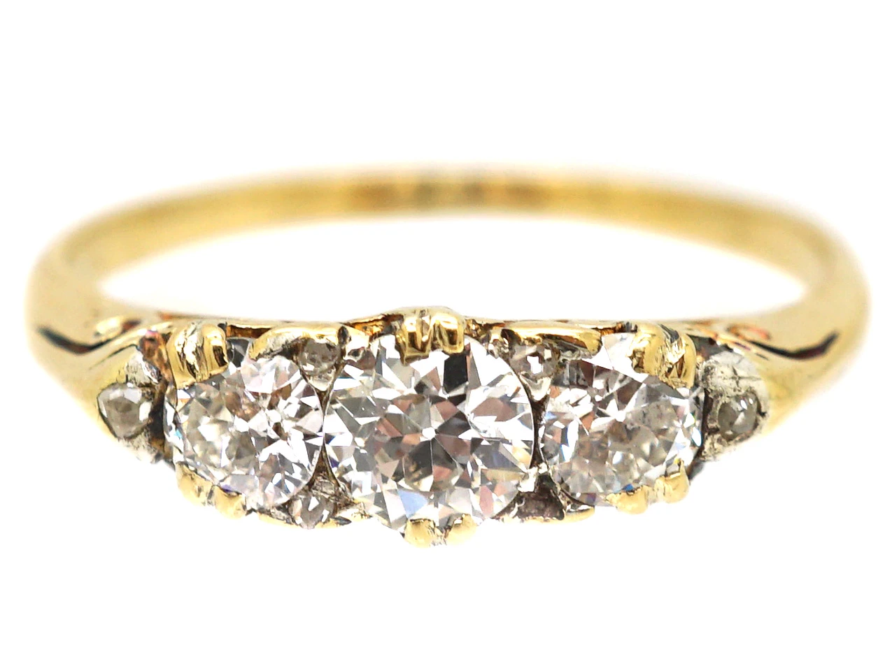 Edwardian 18ct Gold Carved Half Hoop Three Stone Diamond Ring 8 Edwardian 18ct Gold Carved Half Hoop Three Stone Diamond Ring - Image 6