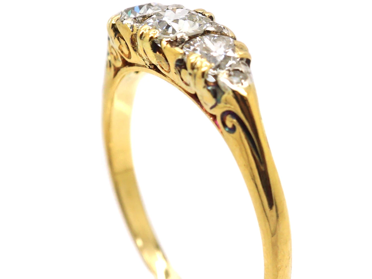 Edwardian 18ct Gold Carved Half Hoop Three Stone Diamond Ring 7 Edwardian 18ct Gold Carved Half Hoop Three Stone Diamond Ring - Image 5