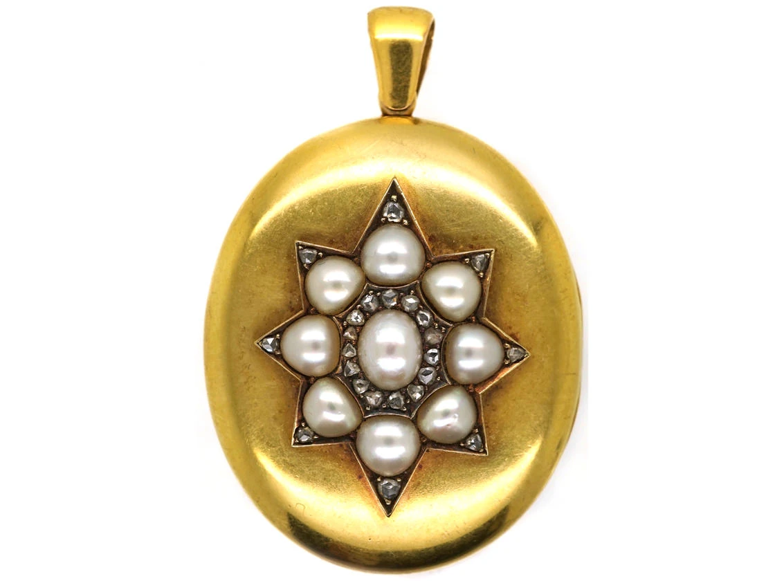 Victorian 18ct Gold Locket With Natural Split Pearl & Rose Diamond Star Motif 3 Victorian 18ct Gold Locket With Natural Split Pearl & Rose Diamond Star Motif