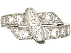 Art Deco Platinum & Diamond Crossover Ring With Buckle Detail