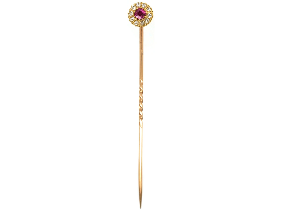 Edwardian 18ct Gold Ruby & Diamond Cluster Stick Pin 4 Edwardian 18ct Gold Ruby & Diamond Cluster Stick Pin - Image 2