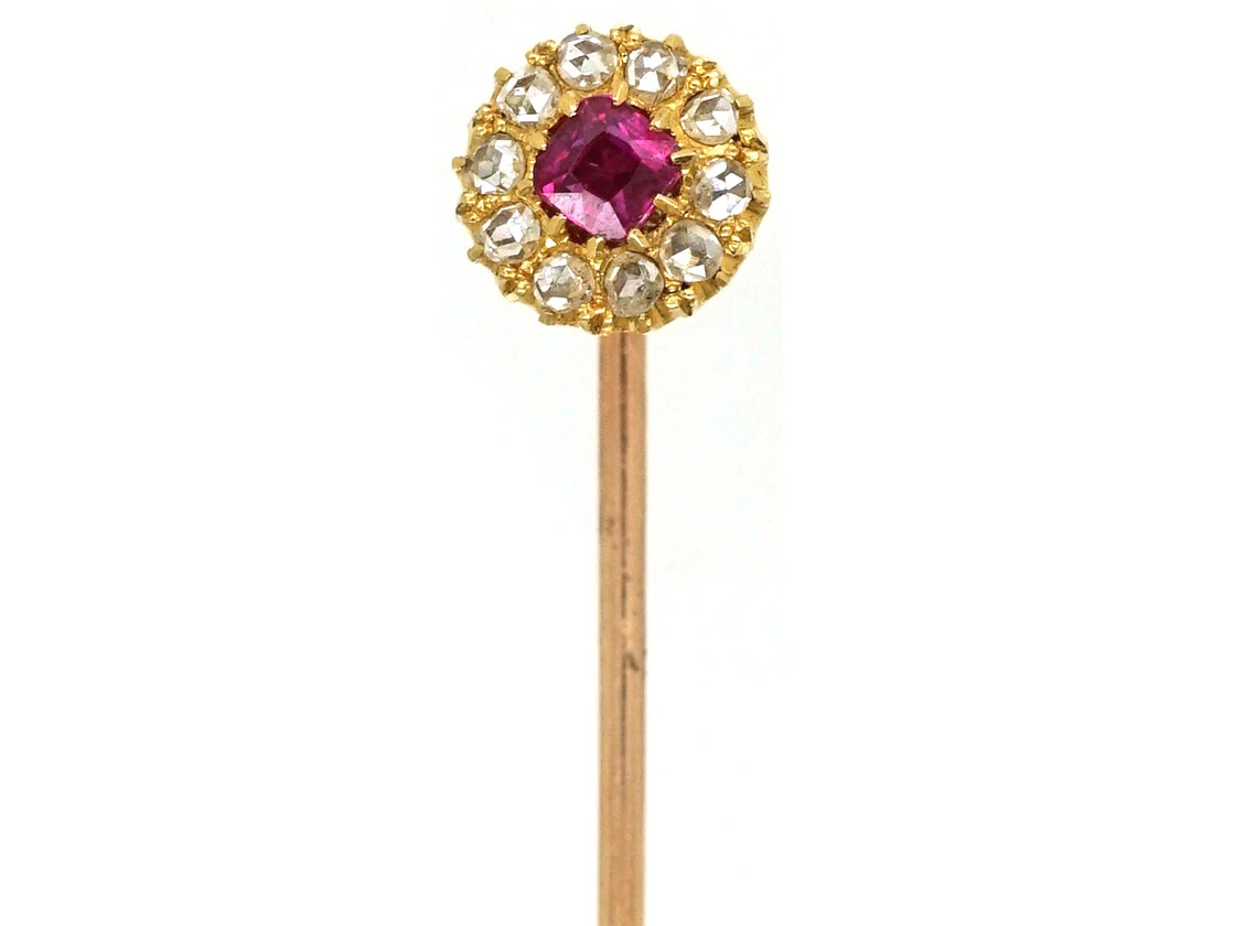 Edwardian 18ct Gold Ruby & Diamond Cluster Stick Pin 3 Edwardian 18ct Gold Ruby & Diamond Cluster Stick Pin