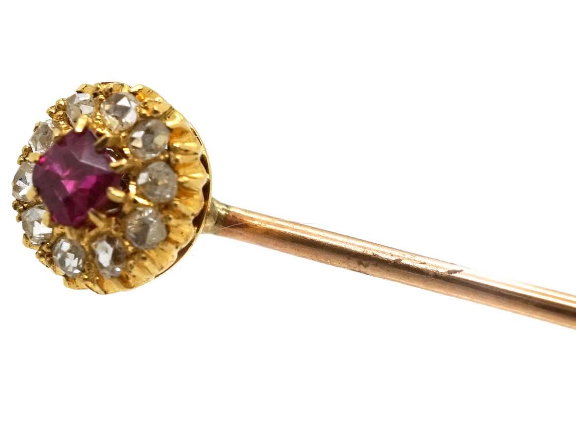 Edwardian 18ct Gold Ruby & Diamond Cluster Stick Pin 6 Edwardian 18ct Gold Ruby & Diamond Cluster Stick Pin - Image 4