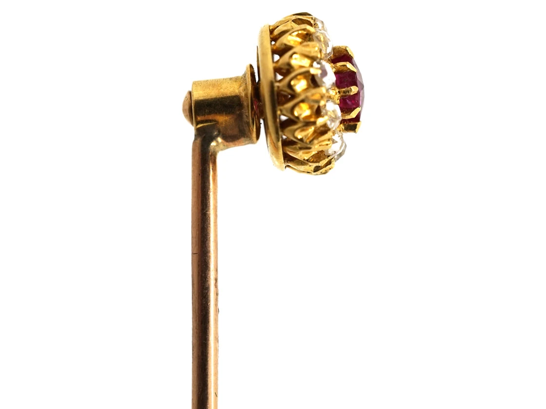 Edwardian 18ct Gold Ruby & Diamond Cluster Stick Pin 5 Edwardian 18ct Gold Ruby & Diamond Cluster Stick Pin - Image 3