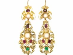 Georgian 15ct Gold, Emerald, Ruby & Natural Split Pearl Drop Earrings