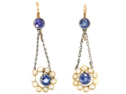 Edwardian 15ct Gold & Platinum, Sapphire & Natural Pearl Drop Earrings