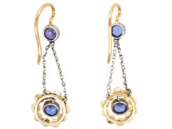 Edwardian 15ct Gold & Platinum, Sapphire & Natural Pearl Drop Earrings 12 Edwardian 15ct Gold & Platinum, Sapphire & Natural Pearl Drop Earrings -Antique Jewellery Company DSC02395