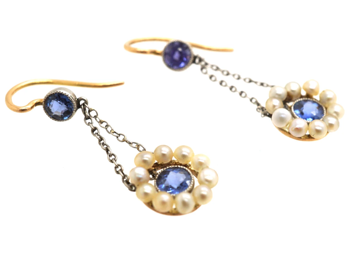 Edwardian 15ct Gold & Platinum, Sapphire & Natural Pearl Drop Earrings 5 Edwardian 15ct Gold & Platinum, Sapphire & Natural Pearl Drop Earrings - Image 3