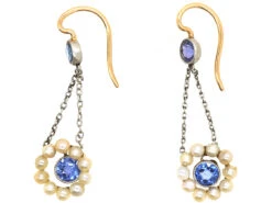 Edwardian 15ct Gold & Platinum, Sapphire & Natural Pearl Drop Earrings 11 Edwardian 15ct Gold & Platinum, Sapphire & Natural Pearl Drop Earrings -Antique Jewellery Company DSC02400 1
