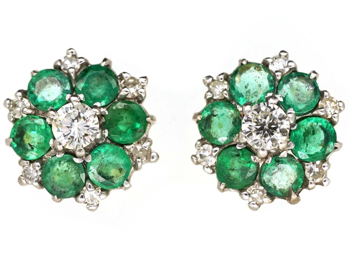 18ct White Gold Emerald & Diamond Cluster Earrings 3 18ct White Gold Emerald & Diamond Cluster Earrings