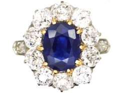 Edwardian 18ct Gold & Platinum, Sapphire & Diamond Cluster Ring With Diamond Set Shoulders