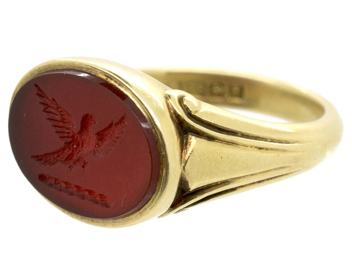 18ct Gold Early Victorian Carnelian Signet Ring With Carved Eagle Intaglio 4 18ct Gold Early Victorian Carnelian Signet Ring With Carved Eagle Intaglio - Image 2