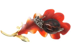 14ct Gold & Hard Stone Oak Leaf & Snail Brooch Set With Diamonds
