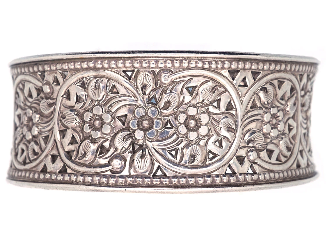 Silver Pierced Work Flower Design Bangle 3 Silver Pierced Work Flower Design Bangle