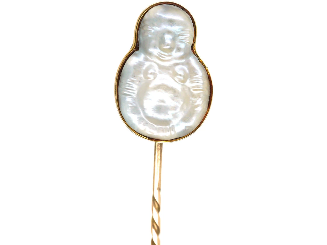 Edwardian 15ct Gold & Mother Of Pearl Buddha Tie Pin 3 Edwardian 15ct Gold & Mother Of Pearl Buddha Tie Pin