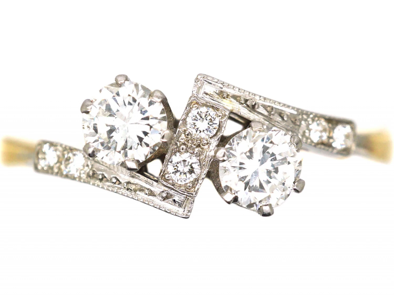 Art Deco 18ct Gold & Platinum Diamond Crossover Ring 3 Art Deco 18ct Gold & Platinum Diamond Crossover Ring