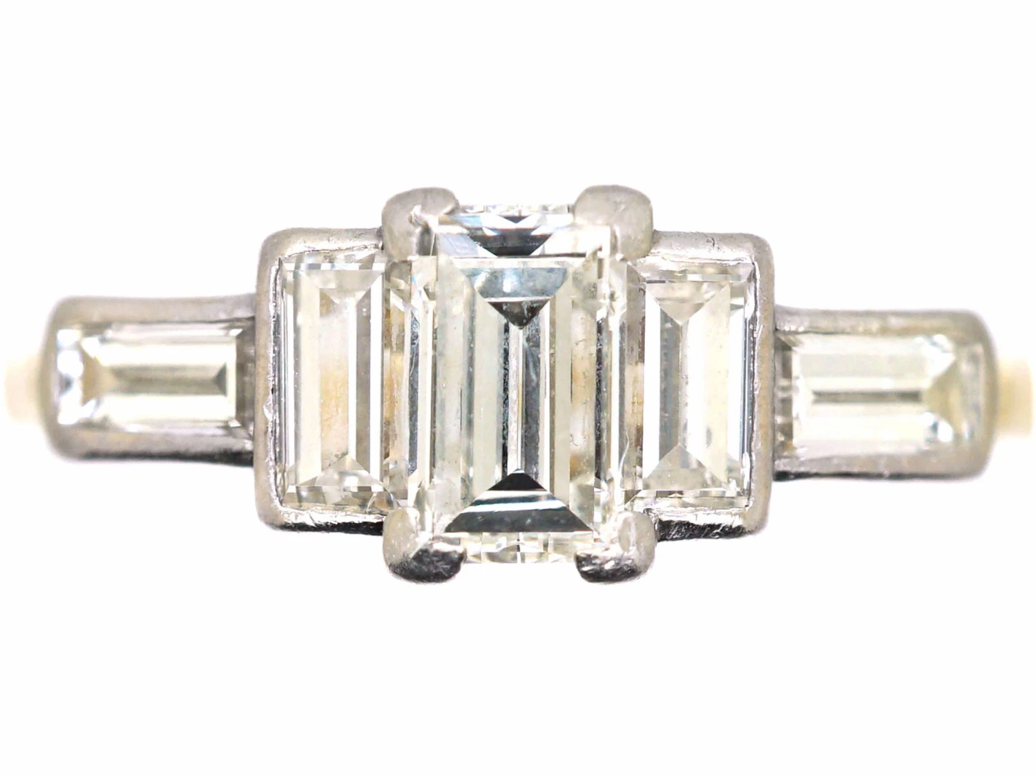 Art Deco 18ct Gold & Platinum, Three Stone Baguette Cut Diamond Ring With Baguette Cut Diamond Shoulders 3 Art Deco 18ct Gold & Platinum, Three Stone Baguette Cut Diamond Ring With Baguette Cut Diamond Shoulders