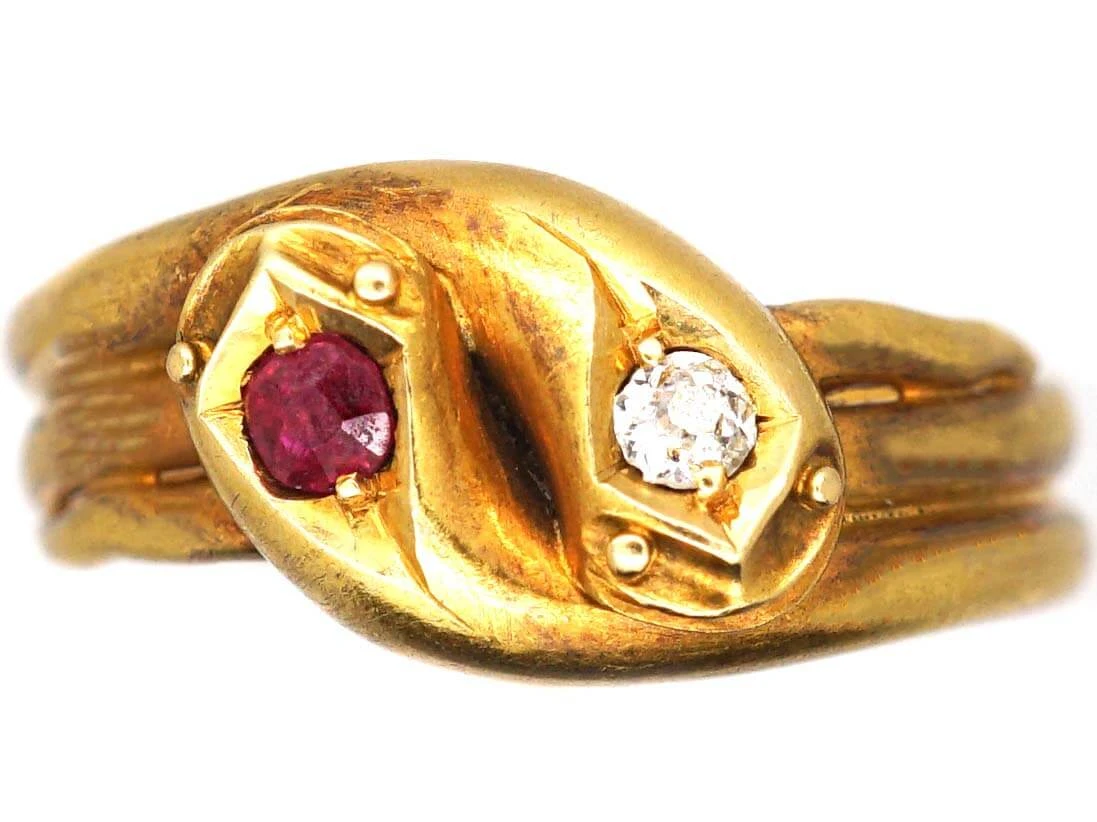 Victorian 18ct Gold Double Snake Ring Set With A Ruby & A Diamond 3 Victorian 18ct Gold Double Snake Ring Set With A Ruby & A Diamond
