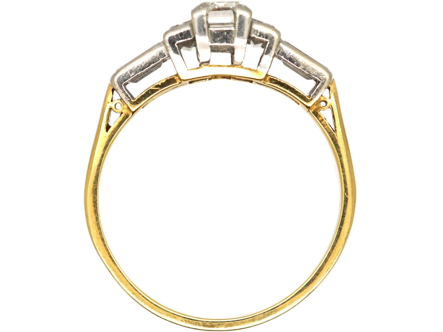 Art Deco 18ct Gold & Platinum, Three Stone Baguette Cut Diamond Ring With Baguette Cut Diamond Shoulders 5 Art Deco 18ct Gold & Platinum, Three Stone Baguette Cut Diamond Ring With Baguette Cut Diamond Shoulders - Image 3