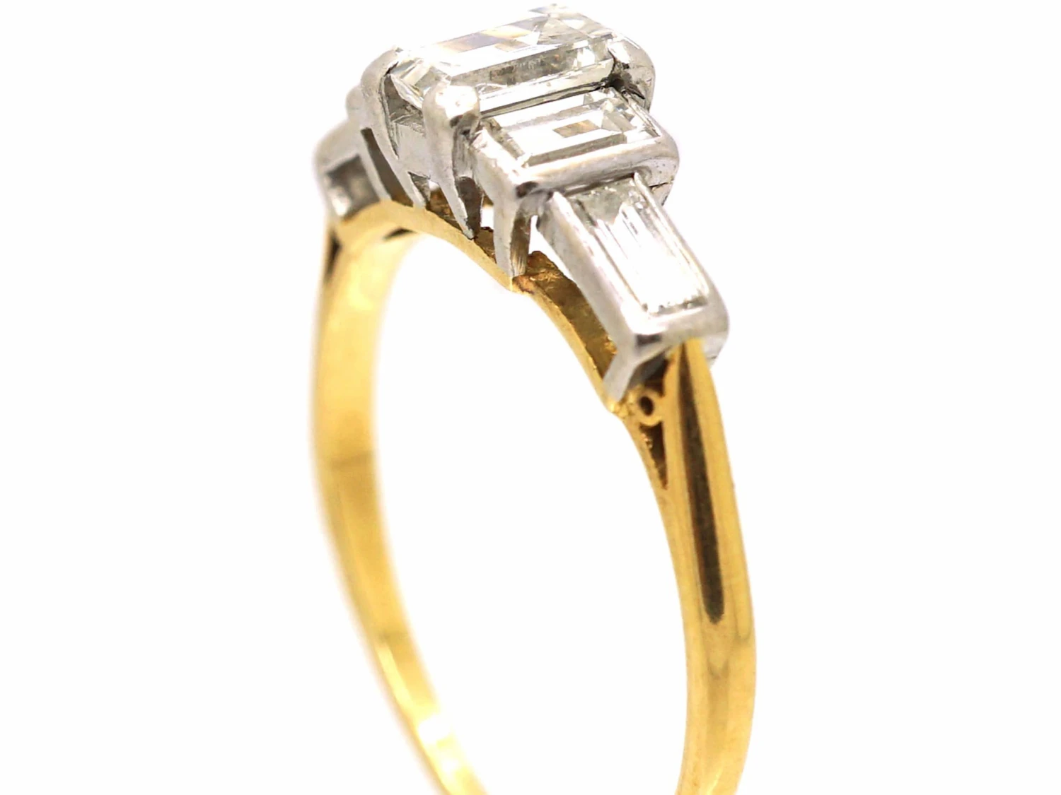 Art Deco 18ct Gold & Platinum, Three Stone Baguette Cut Diamond Ring With Baguette Cut Diamond Shoulders 4 Art Deco 18ct Gold & Platinum, Three Stone Baguette Cut Diamond Ring With Baguette Cut Diamond Shoulders - Image 2