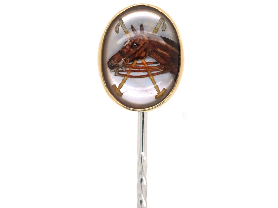 Reverse Intaglio Rock Crystal Tie Pin Of A Polo Pony With Two Mallets 3 Reverse Intaglio Rock Crystal Tie Pin Of A Polo Pony With Two Mallets