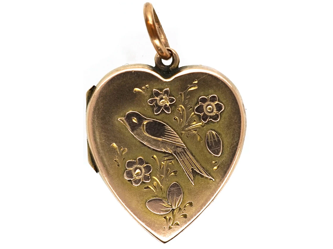 Edwardian 9ct Gold Heart Shaped Locket With Swallow Motif 3 Edwardian 9ct Gold Heart Shaped Locket With Swallow Motif