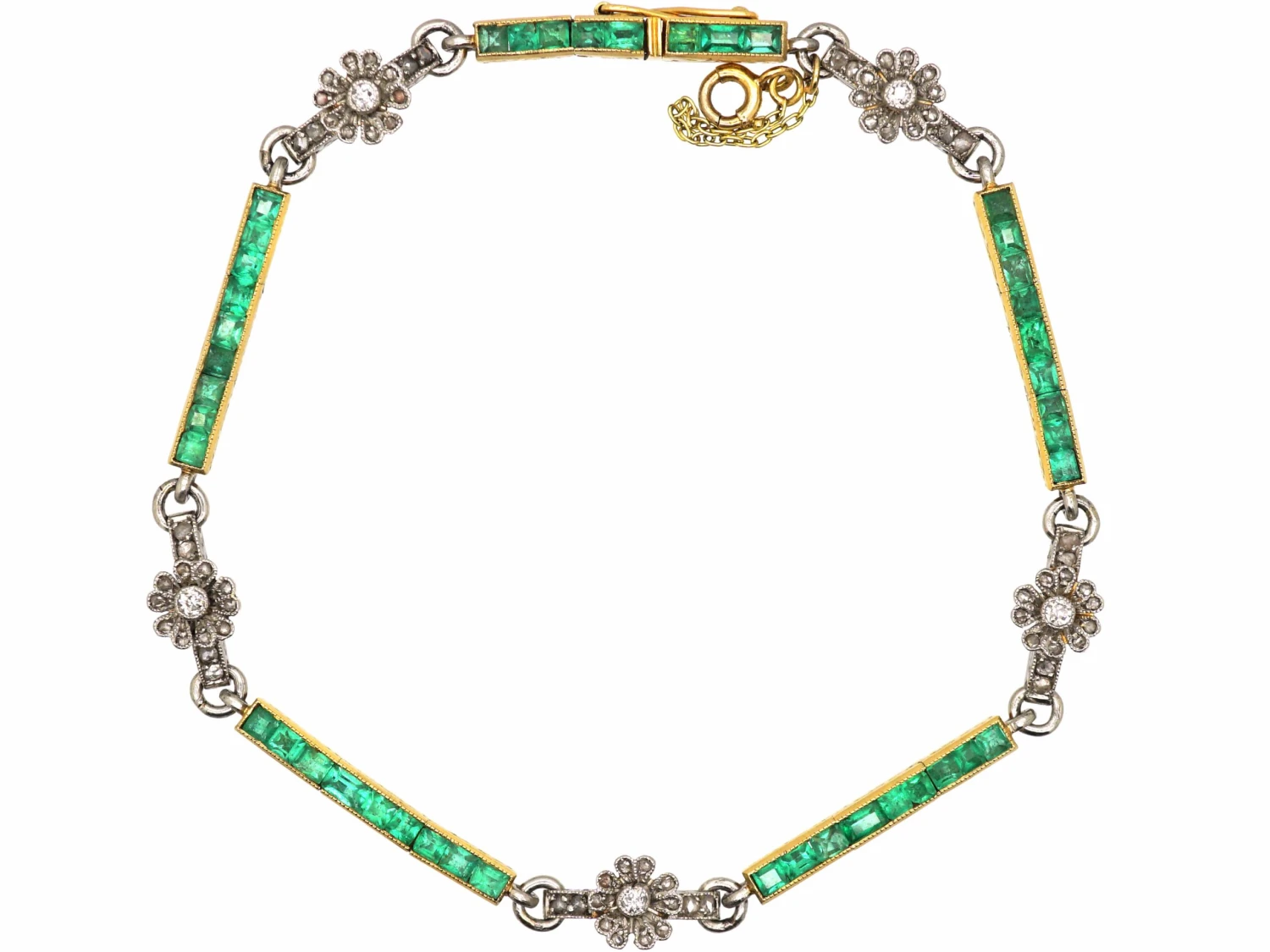 French Early 20th Century Emerald & Diamond Flowers Bracelet 3 French Early 20th Century Emerald & Diamond Flowers Bracelet