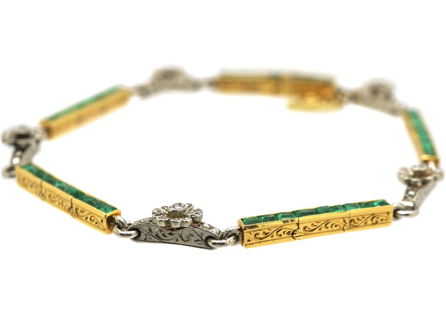 French Early 20th Century Emerald & Diamond Flowers Bracelet 4 French Early 20th Century Emerald & Diamond Flowers Bracelet - Image 2