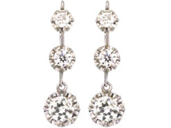 French Belle Epoque 18ct White Gold Three Stone Diamond Drop Earrings