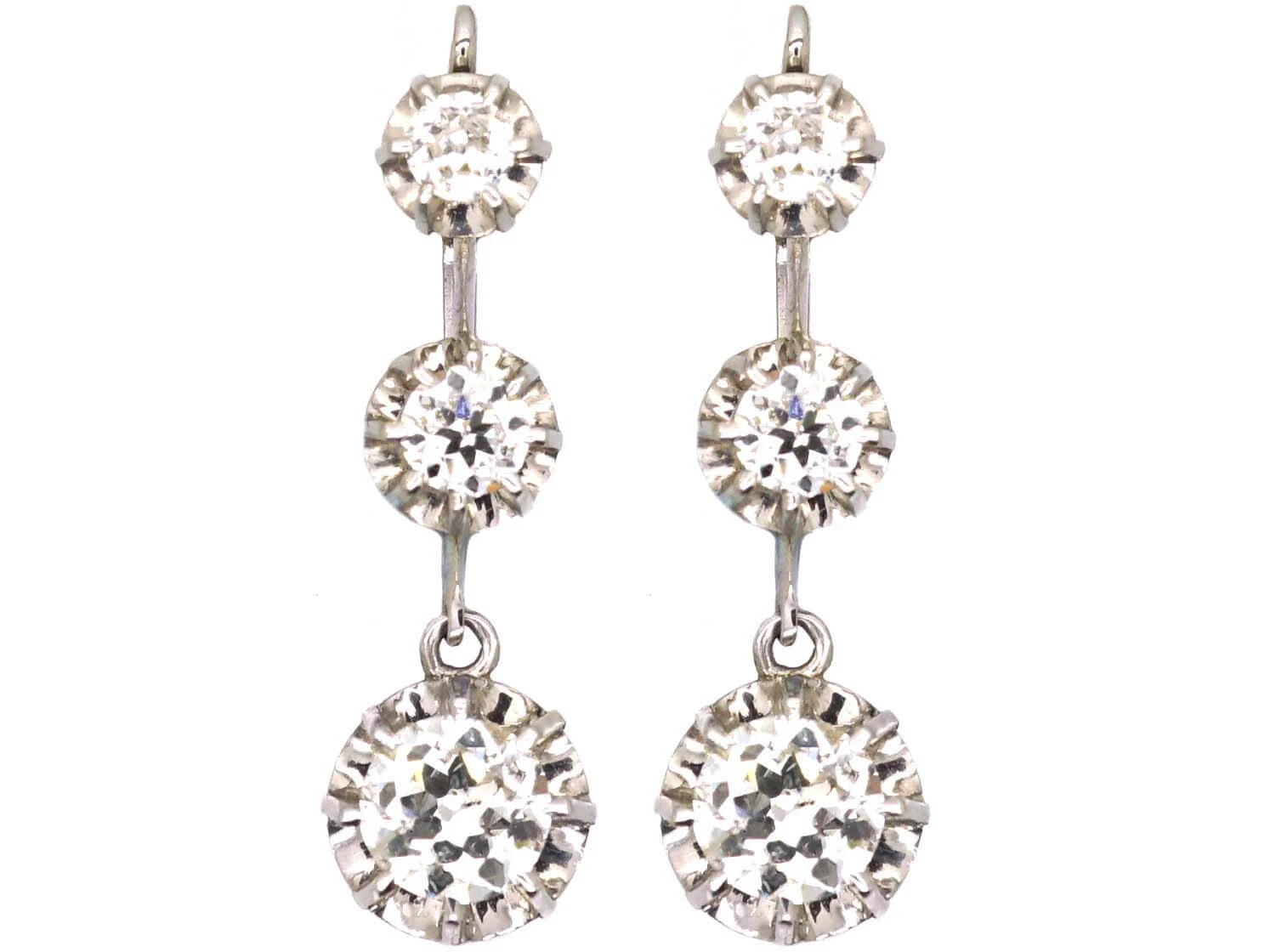 French Belle Epoque 18ct White Gold Three Stone Diamond Drop Earrings 3 French Belle Epoque 18ct White Gold Three Stone Diamond Drop Earrings